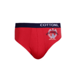 Red Cottonil men’s brief with navy waistband and Polo Academy crest print on the left side.