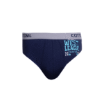 Navy blue Cottonil men’s brief with gray waistband and blue “West League” graphic.