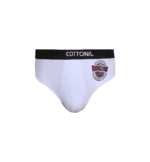 White Cottonil men's brief with black waistband and red graphic print on the left side.
