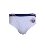 Light gray Cottonil men’s brief with navy waistband and “Fast Racing Car” logo on the left side.