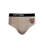 Beige Cottonil men’s brief with black waistband and red Tornado Label graphic on the left side.
