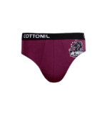 Maroon Cottonil men’s brief with black waistband and white dragon graphic on the left side.