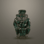 "تمثال الإله بس، يظهر كقزم ذو ملامح قوية ولحية كثيفة، يحمل رموز الحماية في مصر القديمة."