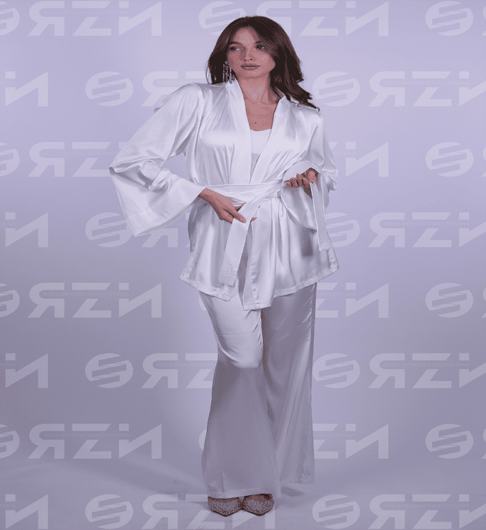 Wrapped Satin Set - Luxurious satin outfit with flowing sleeves and an adjustable wrap design