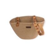 Offa Bag handmade woven tote with colorful embroidered straps, showing clear details of the strap, from a top view.