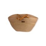 Bead Tote bag – natural woven design with wooden bead handle, top angled view.