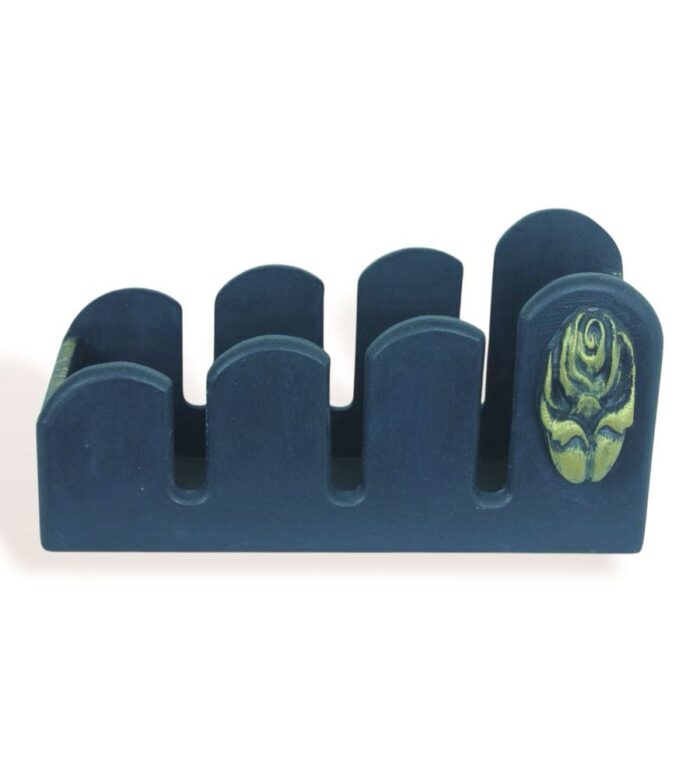 Dark blue wooden tray holder with golden carved accent, side view.