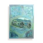 Car inspired artwork with a blue and green abstract background, featuring a 3D-like depiction of a car.