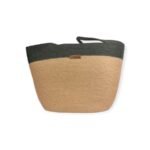 Duo Jute handmade tote bag in two-tone design, natural beige with dark green top, shown from top view at a slight angle.