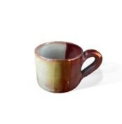 Shining Civilization handmade ceramic mug with gradient glaze in bronze and maroon tones.