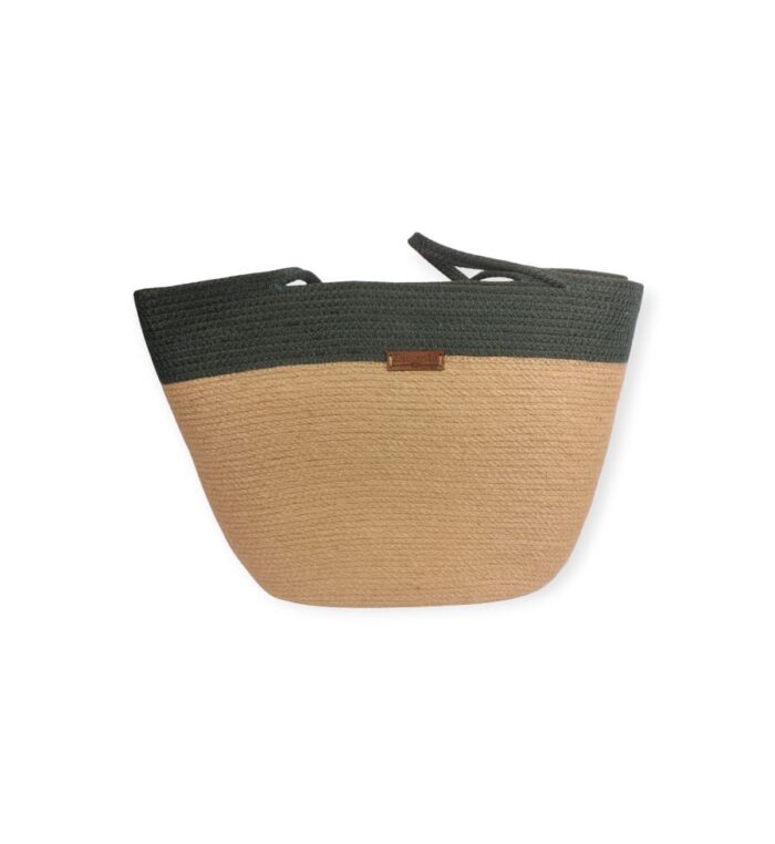Duo Jute handmade tote bag with natural beige body and dark green top section, shown directly from top view.