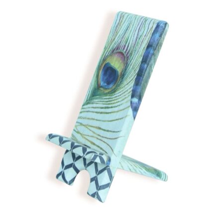 Decorative stand with peacock feather design and geometric patterned base, side-angle view.