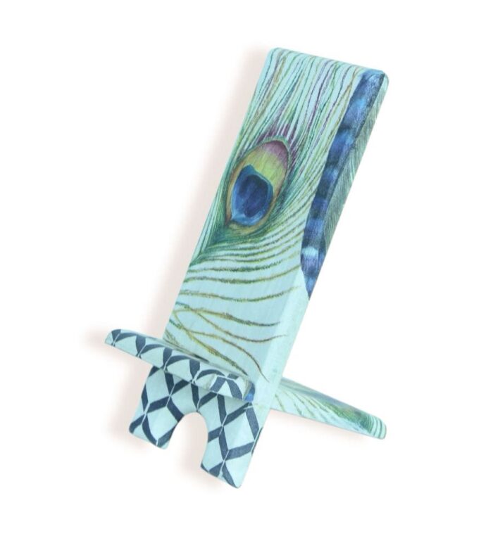Decorative stand with peacock feather design and geometric patterned base, side-angle view.