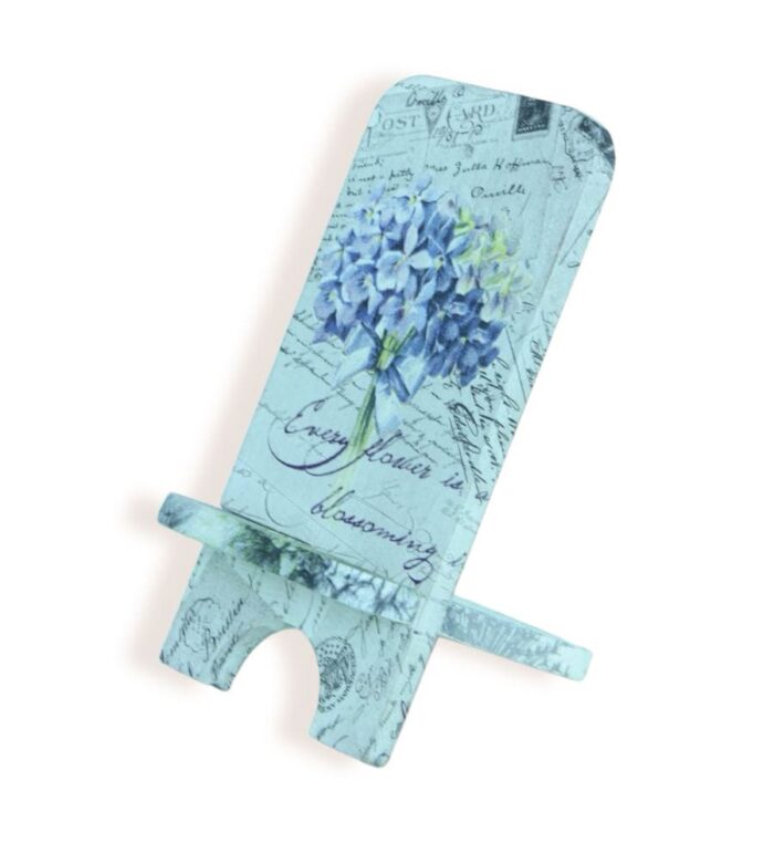 Side view of a decorative phone stand with a vintage blue hydrangea design and cursive script on a pale background.