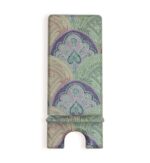 Decorative phone stand with intricate Middle Eastern-inspired pattern in green, purple, and pink tones.