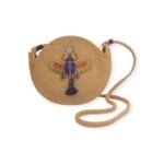 Scarab Orbit handmade straw bag with colorful scarab beetle artwork and long shoulder strap.