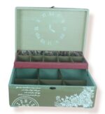 Open view of Box London showing multiple compartments and removable tray with London-themed interior design.