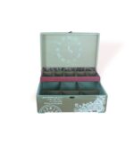 Front open view of Box London with interior compartments and vintage clock motif inside the lid.