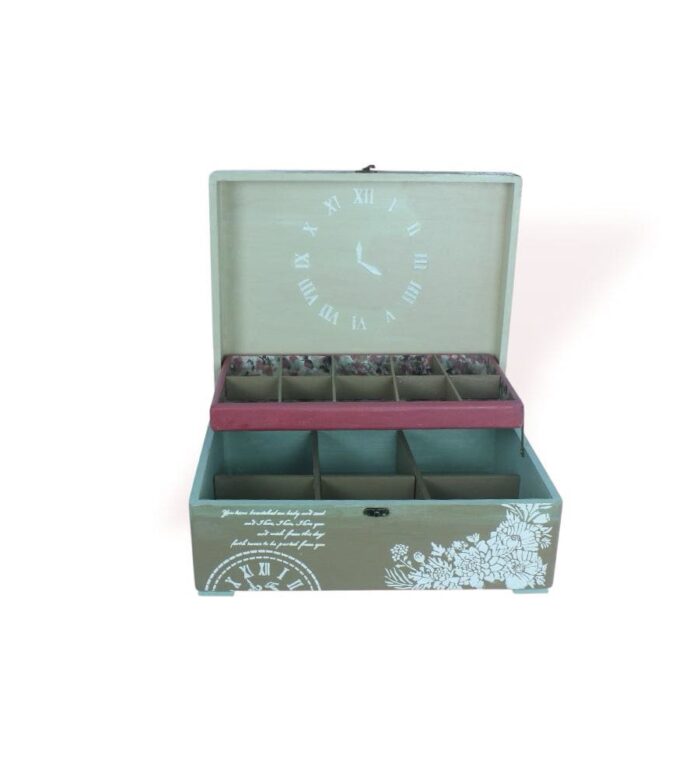 Front open view of Box London with interior compartments and vintage clock motif inside the lid.