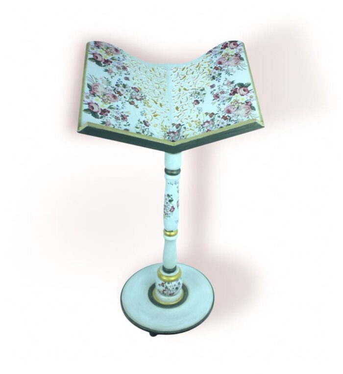 Full view of floral elegance wooden stand with decorative rose patterns and carved top design.