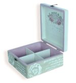 Decorative wooden box with compartments, open lid showing rose design and script accents.