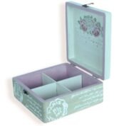 Decorative wooden box with compartments, open lid showing rose design and script accents.