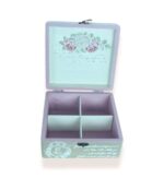 Front view of decorative wooden box with compartments and open lid featuring rose illustration