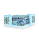 Set of decorative coasters with colorful geometric tile patterns in a matching holder.