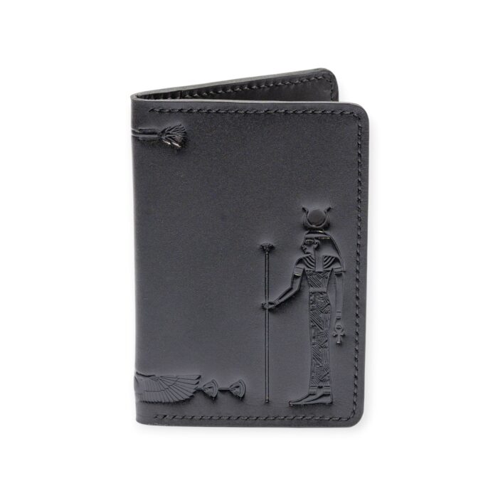 Closed black leather card holder with an embossed figure of the ancient Egyptian sun god Ra.