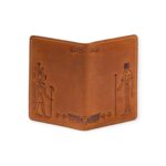 Back view of a Havana brown leather passport cover embossed with ancient Egyptian deities and sacred symbols.