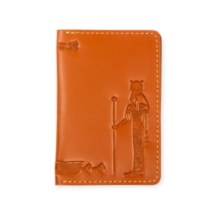 Closed Light havana leather card holder with an embossed figure of the ancient Egyptian sun god Ra.