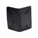 black leather card holder featuring an embossed ancient Egyptian figure design.