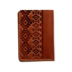Havana leather Mega Card closed, Holder with embossed geometric pattern and contrast stitching.