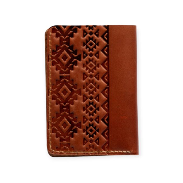 Havana leather Mega Card closed, Holder with embossed geometric pattern and contrast stitching.