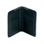 open Green leather Mega Card Holder with embossed geometric pattern and contrast stitching.