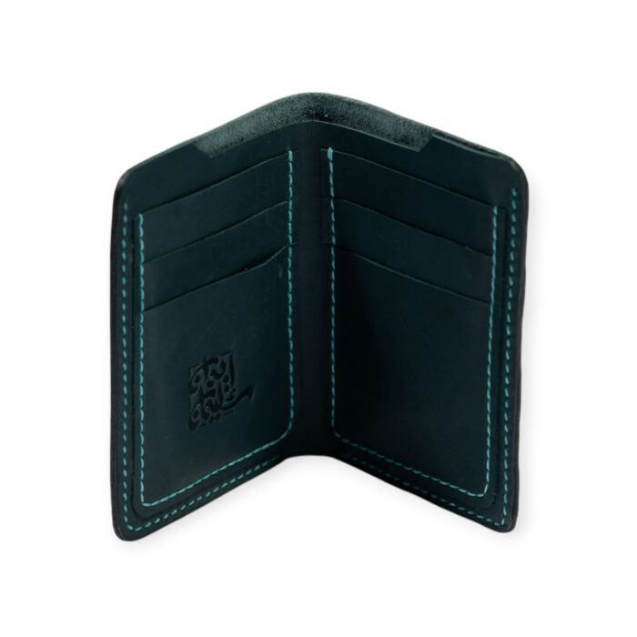 open Green leather Mega Card Holder with embossed geometric pattern and contrast stitching.