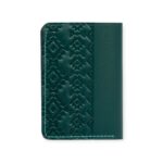 Green leather Mega Card Holder with embossed geometric pattern and contrast stitching.