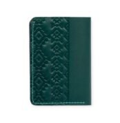 Green leather Mega Card Holder with embossed geometric pattern and contrast stitching.