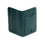 Back view of the green Mega Card Holder showing card slot and embossed geometric design.