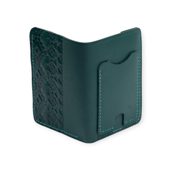 Back view of the green Mega Card Holder showing card slot and embossed geometric design.