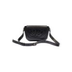 Front view of black small crossbody leather bag with Arabic calligraphy engraving on flap and adjustable strap.