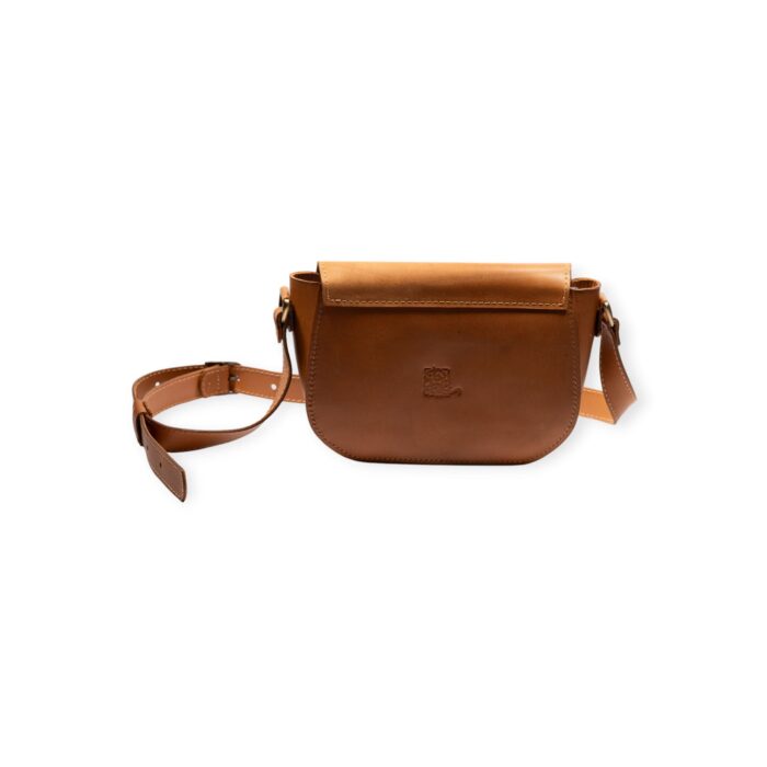 Back view of brown small crossbody leather bag with embossed logo and adjustable strap.