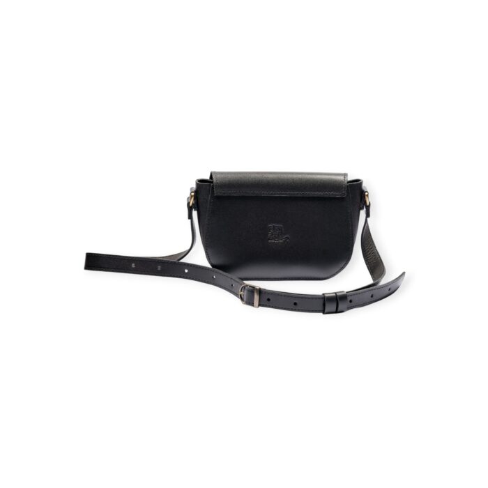 Back view of black small crossbody leather bag with embossed logo and adjustable strap.