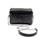 Front view of black leather rectangle crossbody bag with embossed Arabic calligraphy design and silver chain strap.