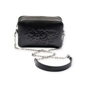 Front view of black leather rectangle crossbody bag with embossed Arabic calligraphy design and silver chain strap.