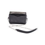 Back view of black leather rectangle crossbody bag with external pocket and silver chain strap.