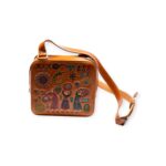 Square leather cross bag with embossed colorful Egyptian-inspired motifs, front view.
