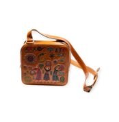 Square leather cross bag with embossed colorful Egyptian-inspired motifs, front view.
