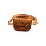 Brown leather waist bag with embossed Arabic calligraphy design, front view.