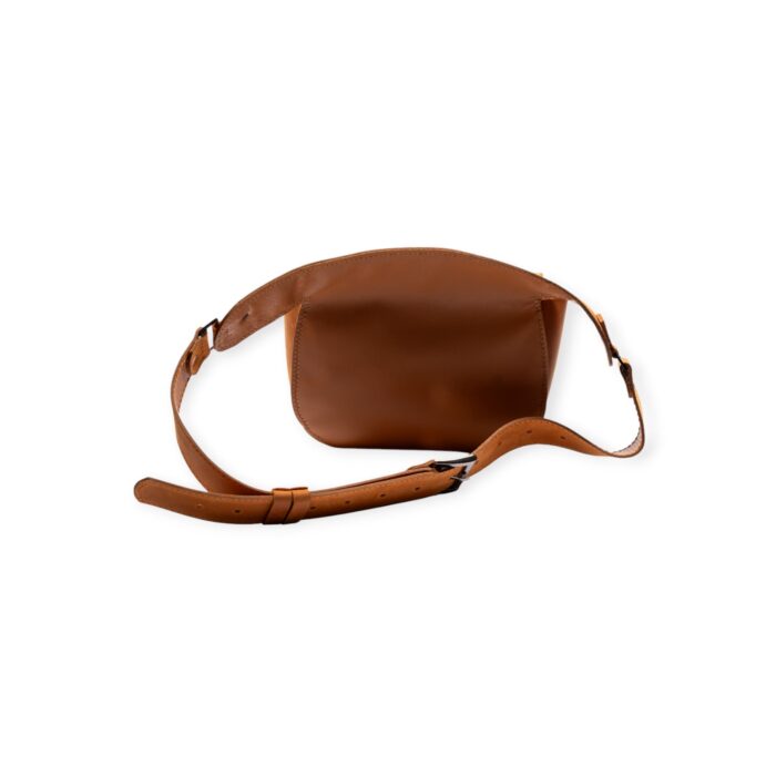 Brown leather waist bag, plain back view with adjustable strap.